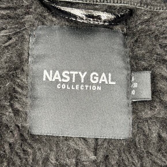 Nasty Gal Aviator Jacket Faux Fur Trim Shiny Black Modern Boxy Size 6 Womens - Picture 9 of 12